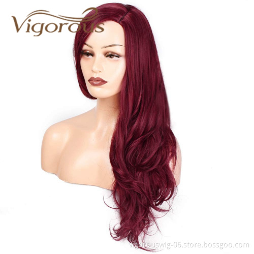 Vigorous Wholesale Cheap Side Part Burgundy Heat Resistant Fiber Body Wave Machine Made For Black Women Synthetic Hair Wigs